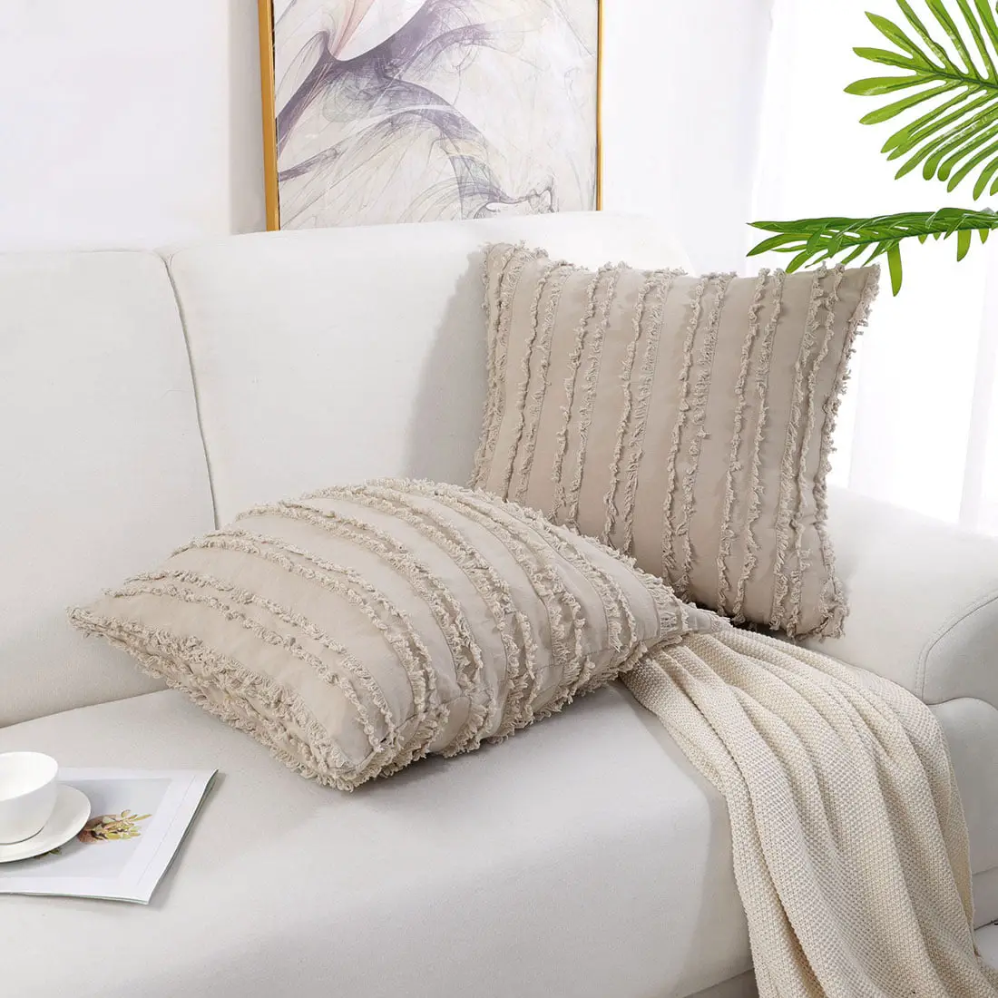 2Pcs Cotton Linen Decorative Throw Pillow Covers, Tassel Striped Sofa ...