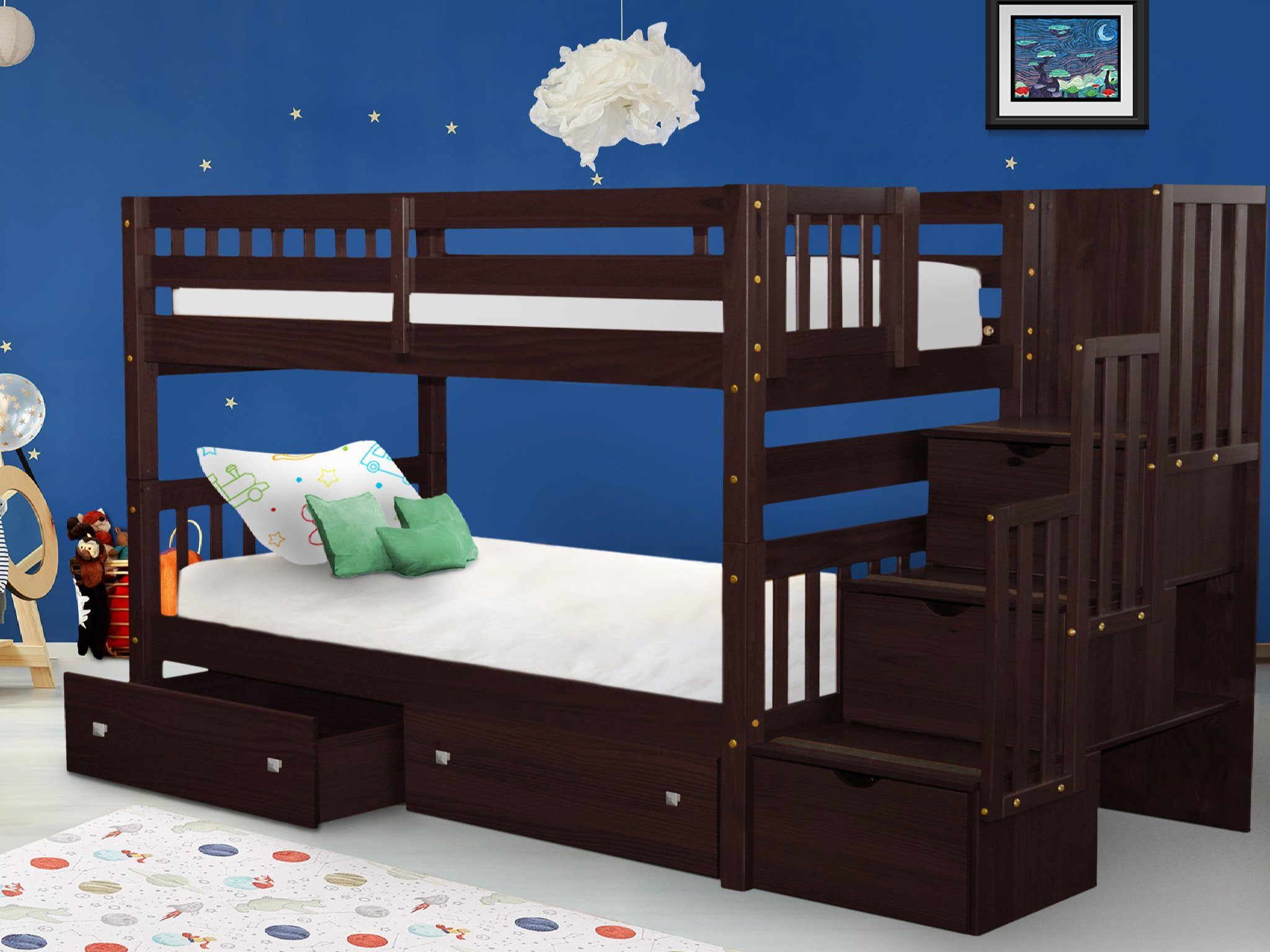 Bedz King Stairway Bunk Beds Twin over Twin with 3 Drawers ...