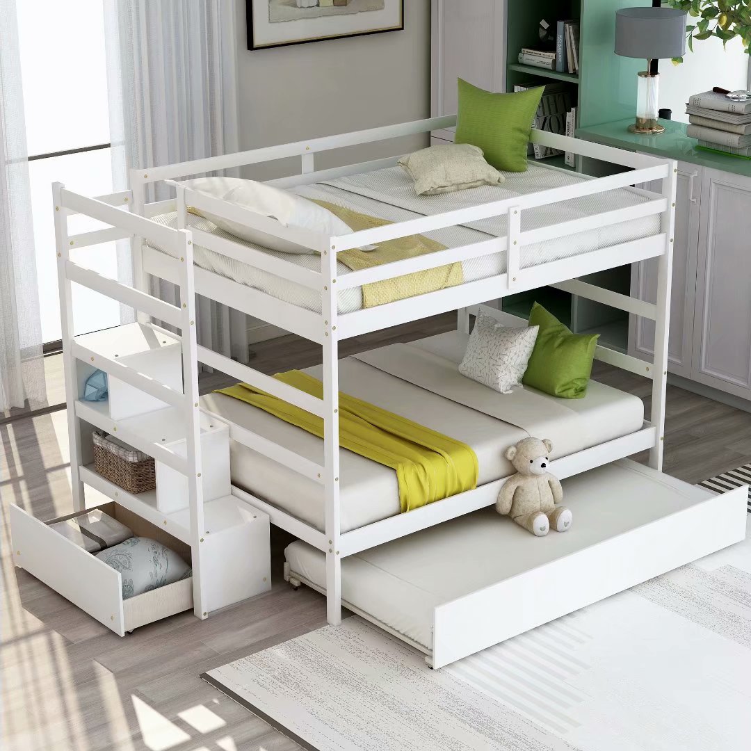 Full over Full Bunk Bed with Twin Size Trundle (White ...