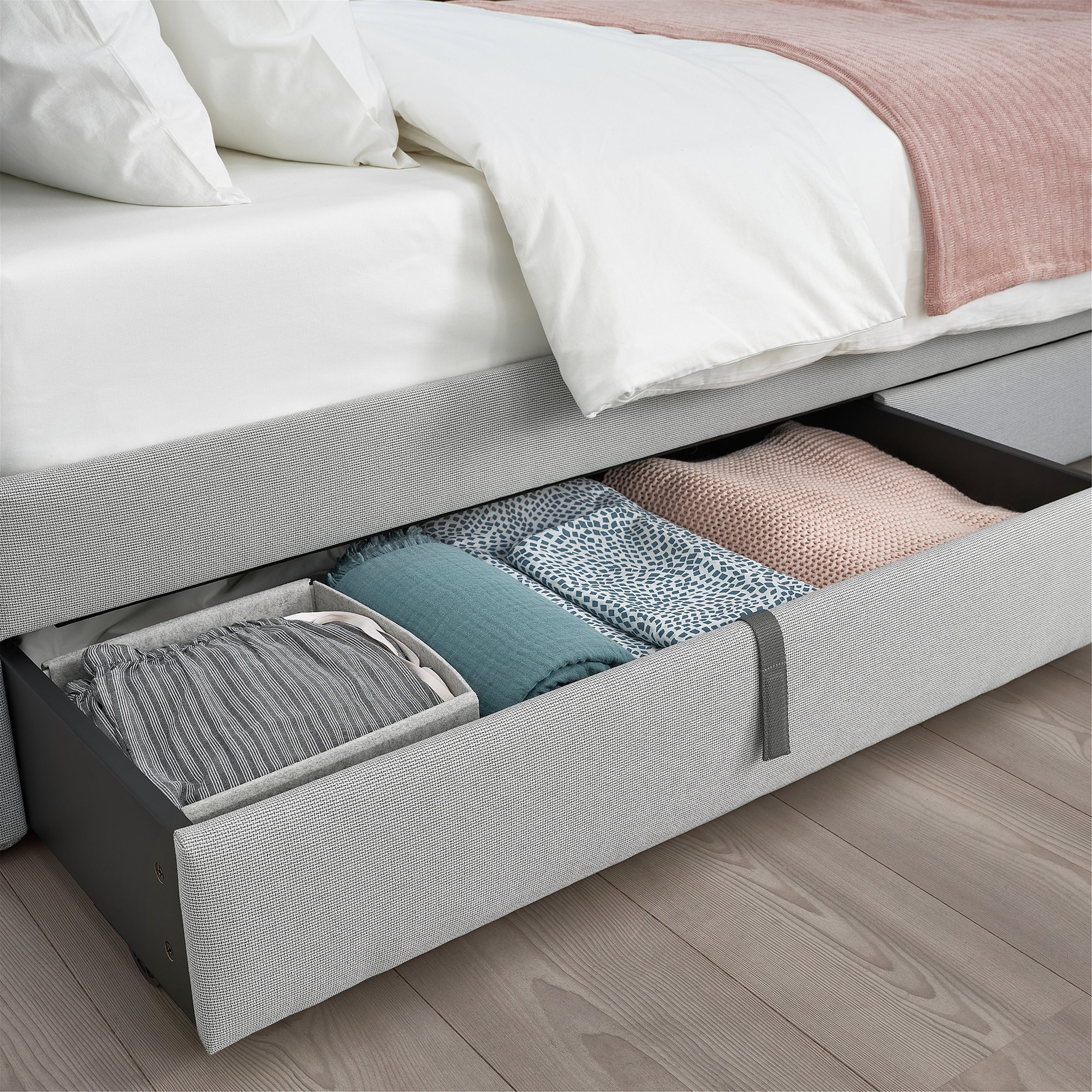 GLADSTAD upholstered bed with 4 storage boxes, 160x200 cm