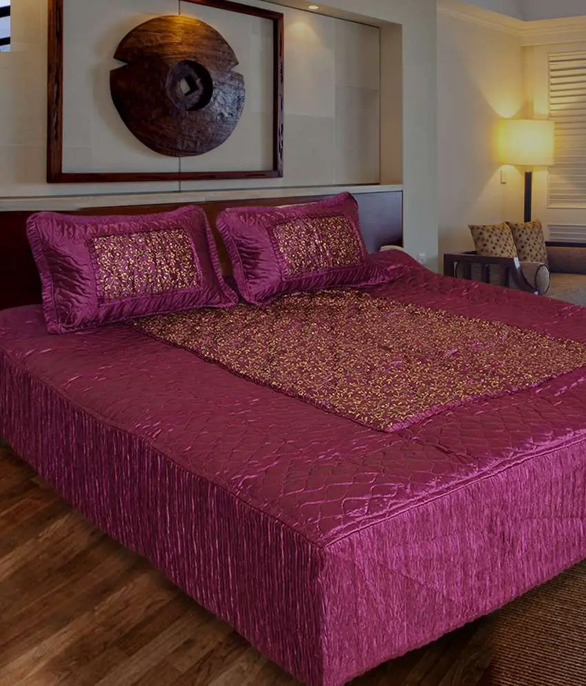 Home Shop Gift Purple Satin Double Bed Sheet With 2 Pillow Cover