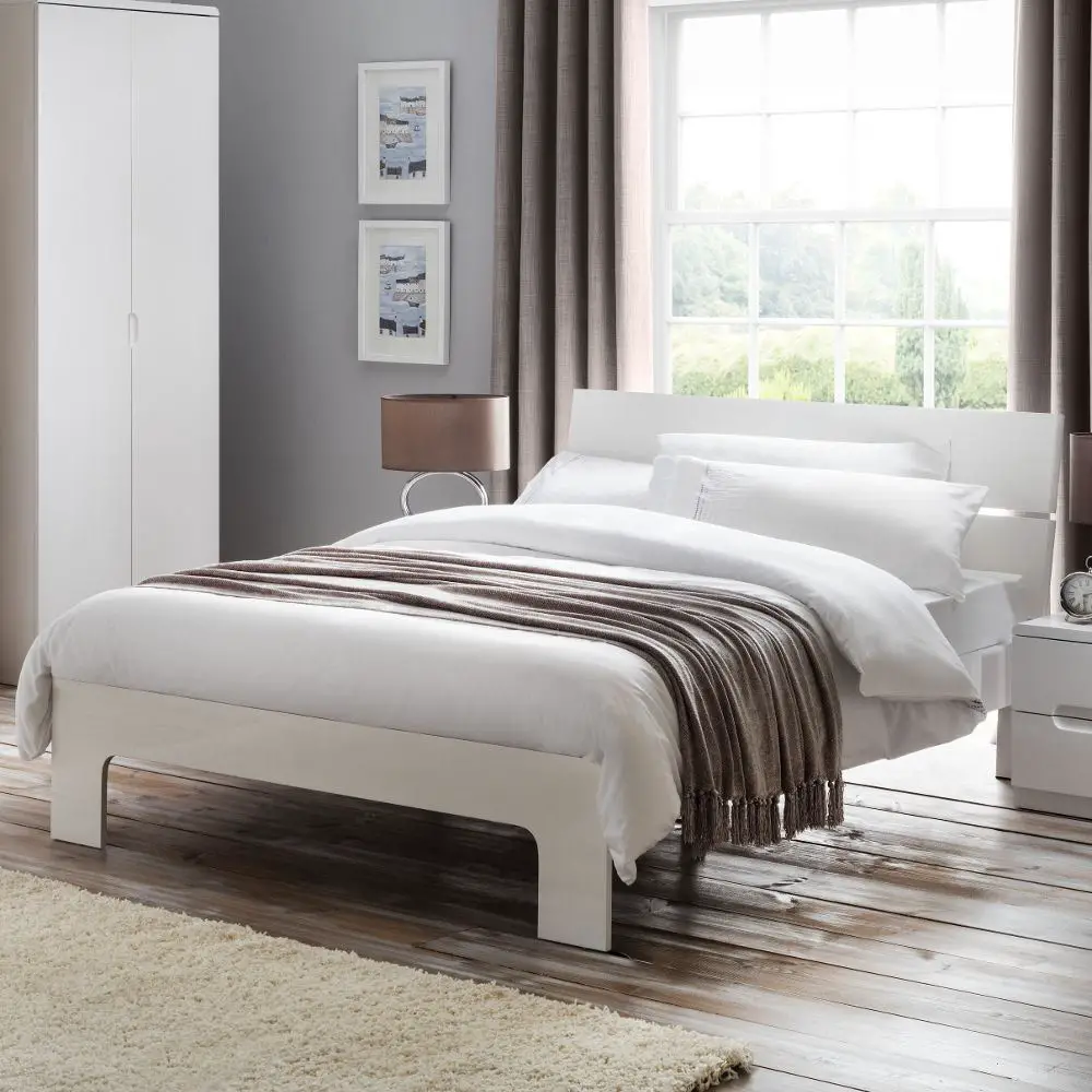 Manhattan White Gloss Wood Modern Bed Double or King with ...