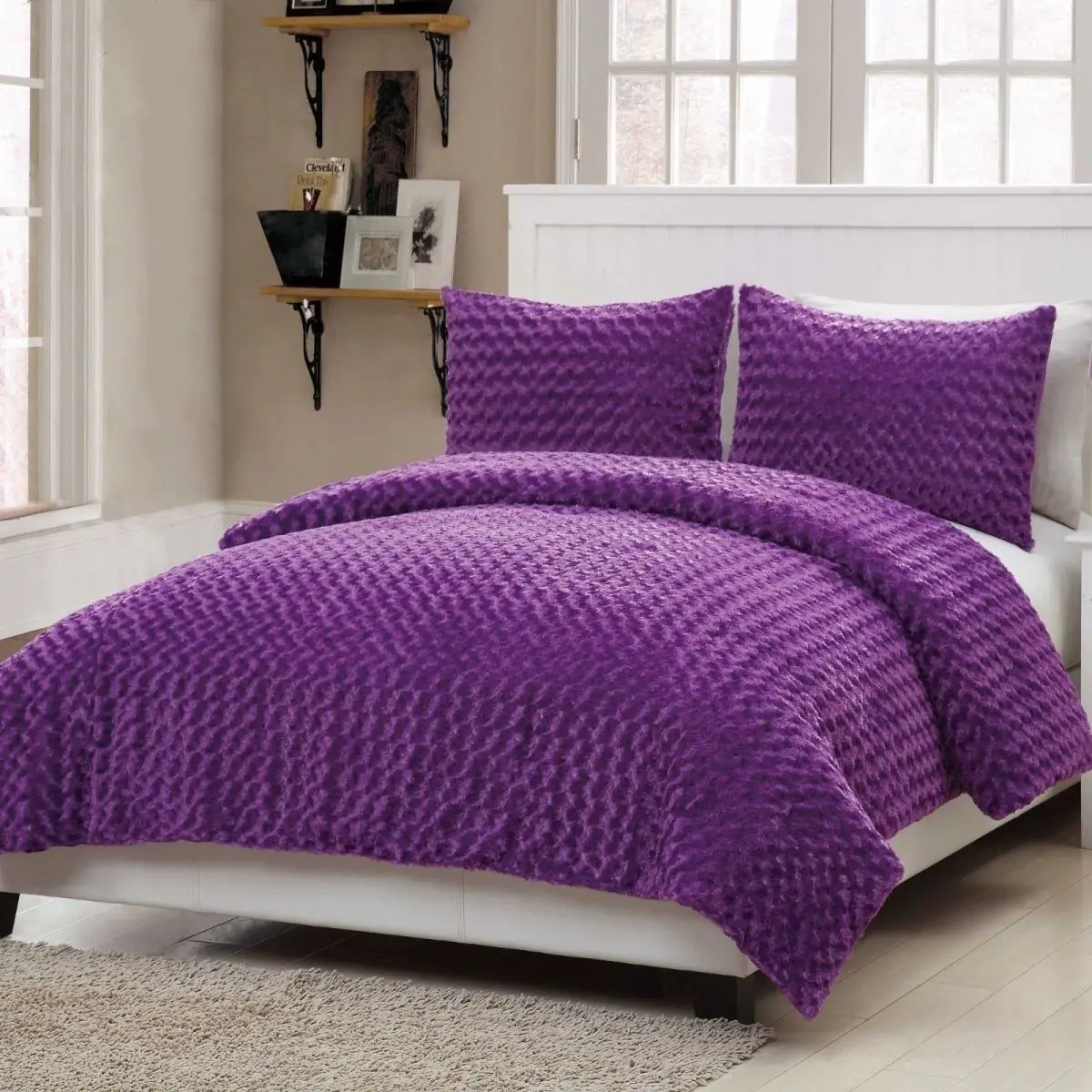 NEW Twin Full Bed 3 pc Solid Purple Bright Faux Fur Soft Comforter ...