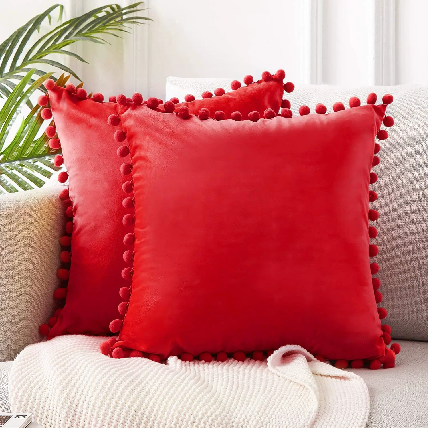 Topfinel Solid Decorative Throw Pillow Covers with Pom Poms Square Soft ...